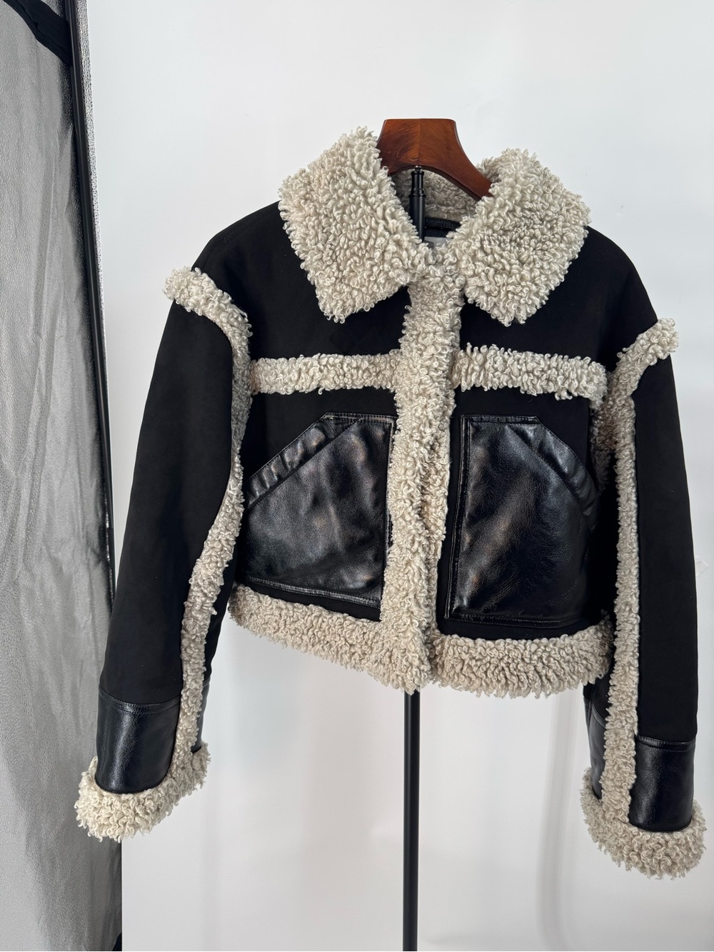 Stand Studio Black Jacket with Cream -greyish Shearling Trim